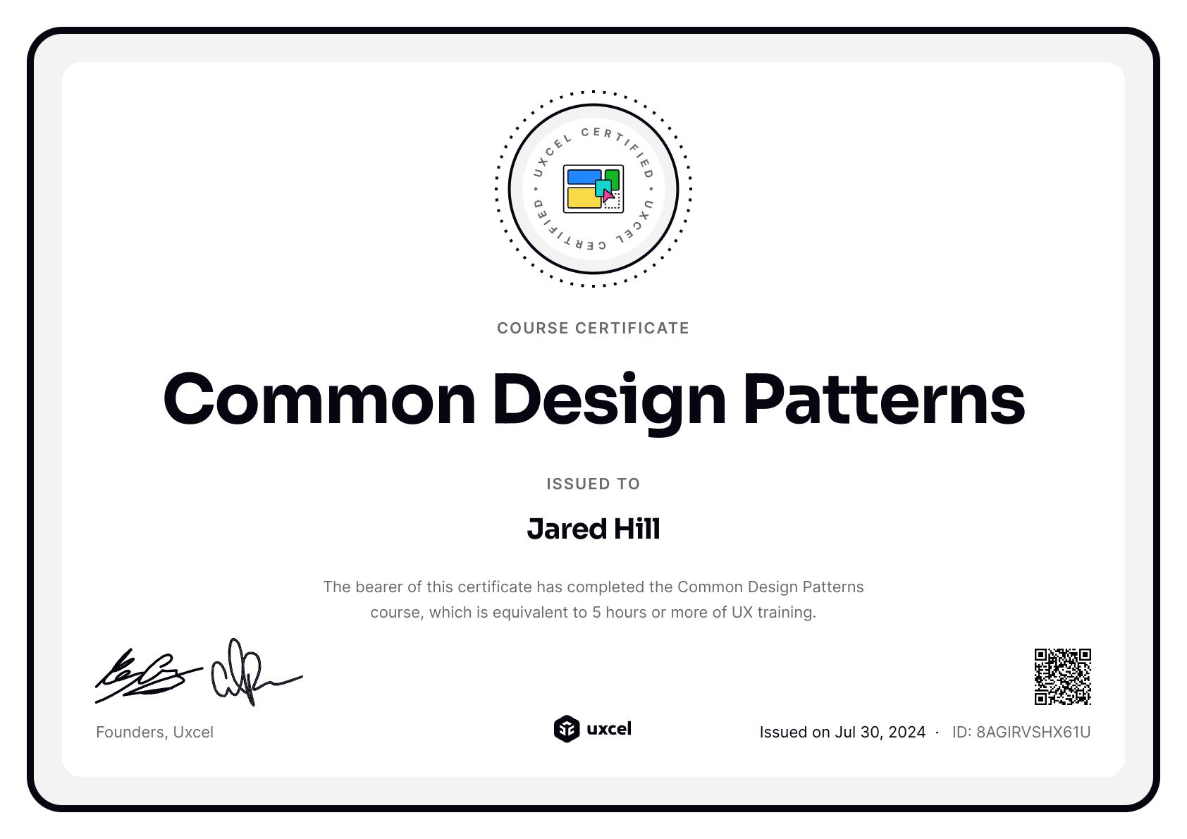 Jared Hill's certificate